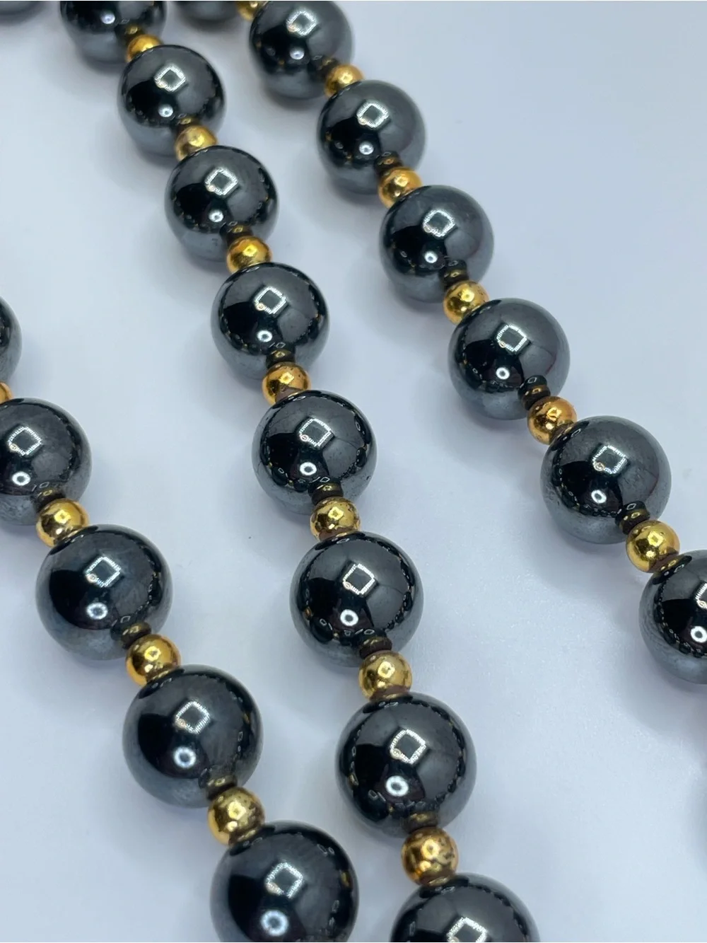 Vintage Hematite Gemstone Gold Beaded Necklace Boho Statement Bold Timeless